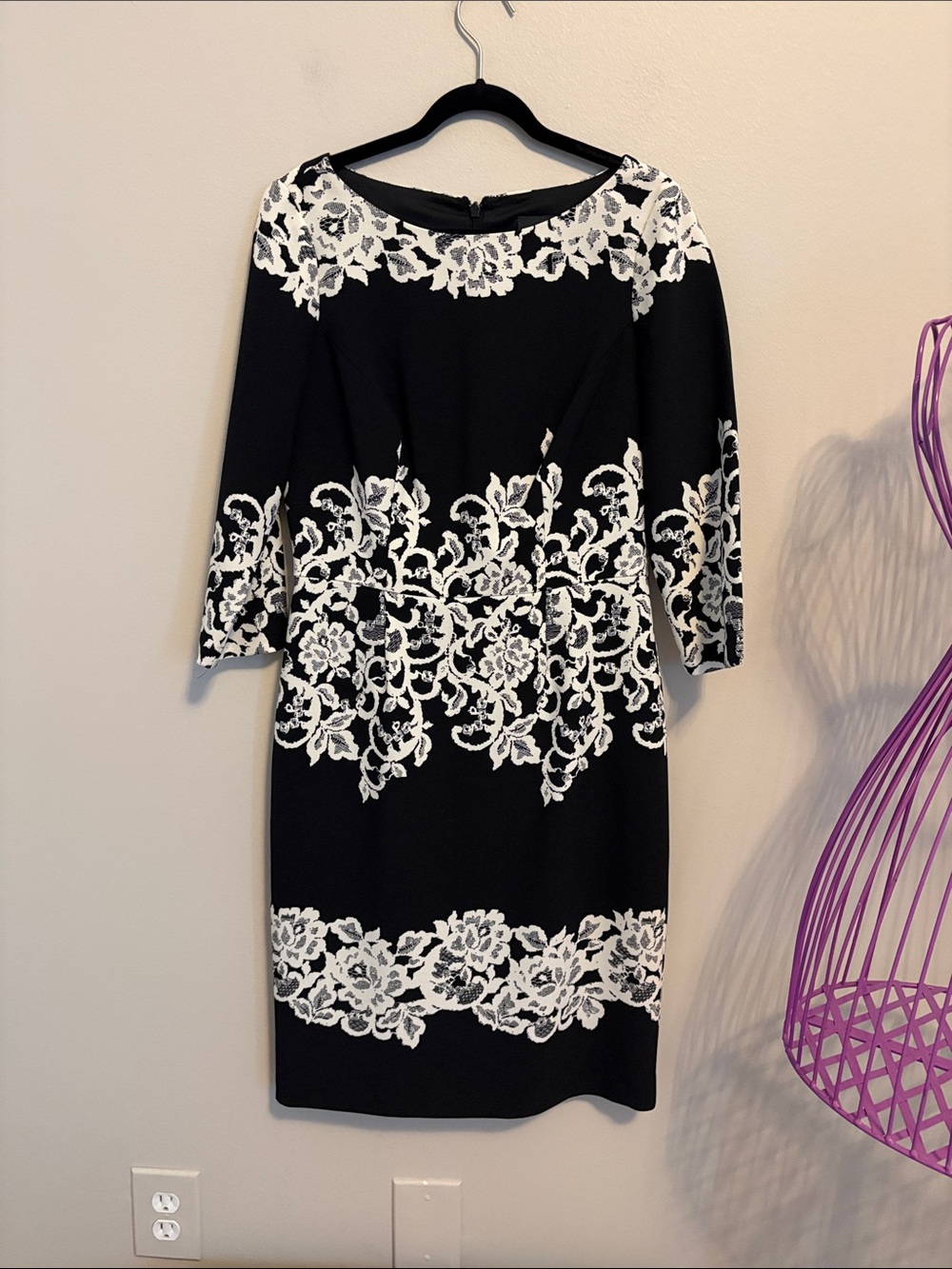 Adrianna Papell Black Dress with Ivory Floral Pattern